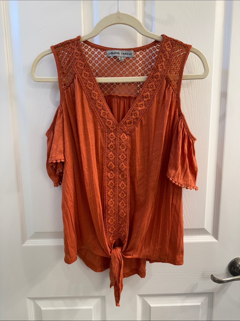 Absolutely Famous Rust/Orange Cold-Shoulder Tie-Front Blouse